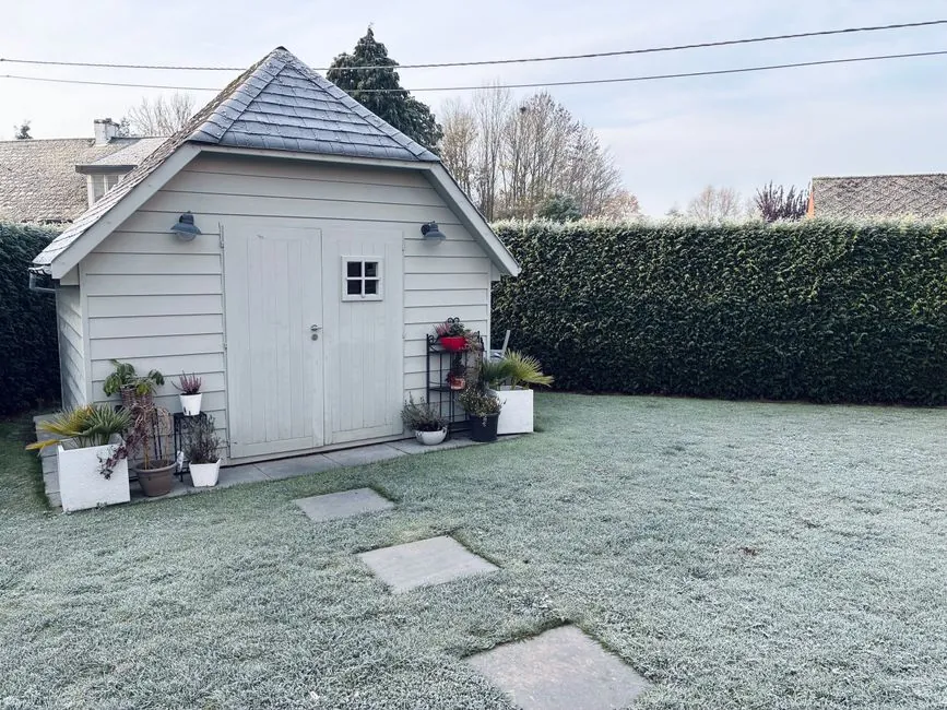 Cabane de jardin et pelouse propre